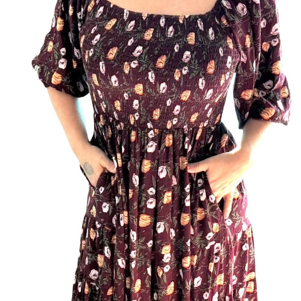 Easel Burgundy Floral Midi Maxi Prairie Dress Smocked Empire Waist Small